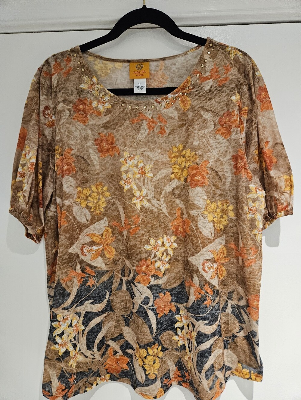 Ruby Rd. Woman Floral Gem Scoop Neck Short Sleeve Top Orange Brown Plus 1X